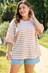 Pink Stripe Waffle Knit Pocketed Half Sleeve Plus Size T Shirt
